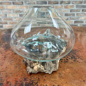 Stunning Large Teak Wood & Hand Blown Molten Glass Bowl